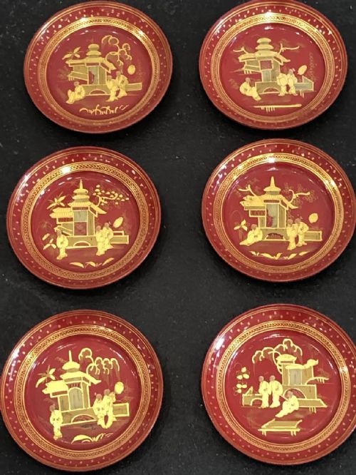 SET OF 6 EXQUISITE RED LACQUERED PAPER MACHE CHINESE PLATES CIRCA 1820 - ADDITIONAL PHOTO 1