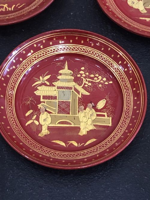 SET OF 6 EXQUISITE RED LACQUERED PAPER MACHE CHINESE PLATES CIRCA 1820 - ADDITIONAL PHOTO 3