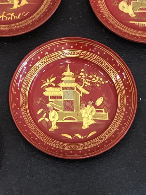 SET OF 6 EXQUISITE RED LACQUERED PAPER MACHE CHINESE PLATES CIRCA 1820 - ADDITIONAL PHOTO 4