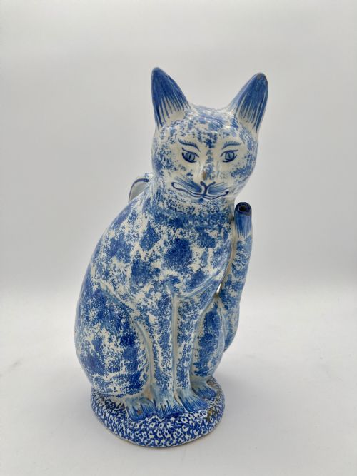 A RATHER RARE FRENCH BLUE WHITE FAIENCE PUZZLEJUG IN SPONGEWARE PATTERN 1870