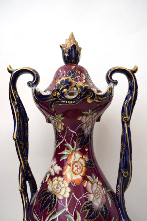 PAIR OF EXTREMELY LARGE FLOWBLUE AND CLOBBERED DIMMOCK POTPOURRIS FROM 1845 - ADDITIONAL PHOTO 1