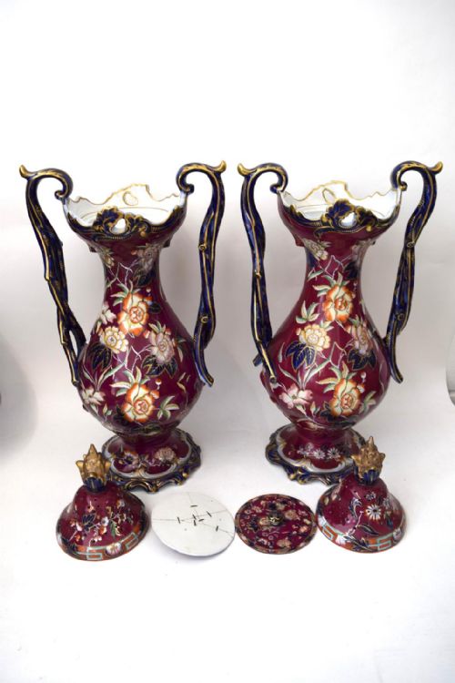 PAIR OF EXTREMELY LARGE FLOWBLUE AND CLOBBERED DIMMOCK POTPOURRIS FROM 1845 - ADDITIONAL PHOTO 5