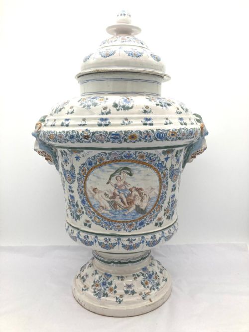 LARGE PAIR OF FRENCH FAIENCE URNS WITH LIDS FROM 1860 - ADDITIONAL PHOTO 2