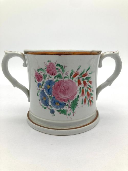 A TWO HANDLED HANDPAINTED LOVING MUG PAINTED WITH FLOWERS WITH THREE FROGS INSIDE 1850 - ADDITIONAL PHOTO 1