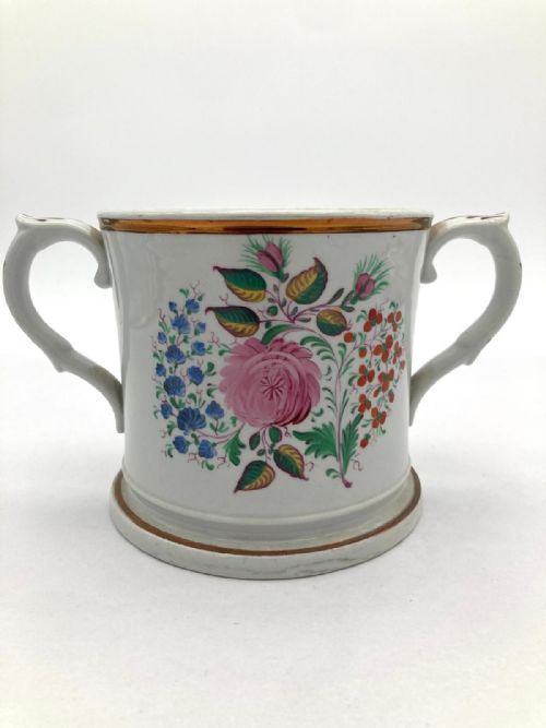 A TWO HANDLED HANDPAINTED LOVING MUG PAINTED WITH FLOWERS WITH THREE FROGS INSIDE 1850 - ADDITIONAL PHOTO 2