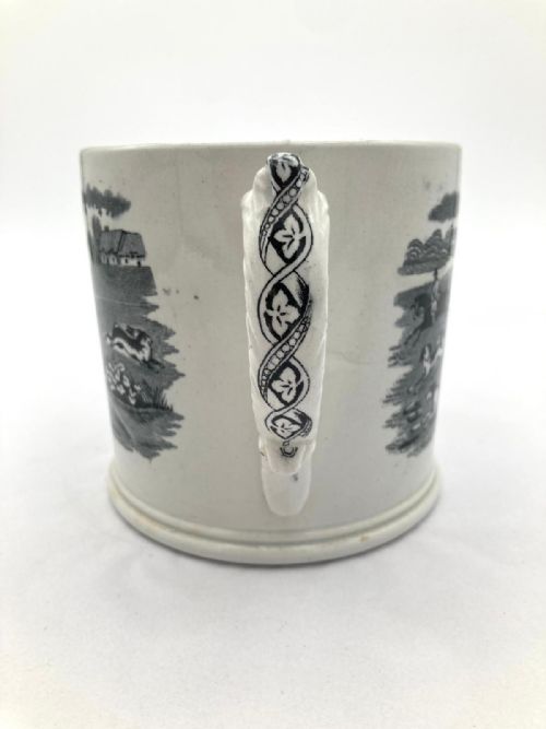 A TWO HANDLED BLACK AND WHITE TRANSFER LOVING MUG WITH HUNTING SCENES WITH FROGS INSIDE CIRCA 1860 - ADDITIONAL PHOTO 6