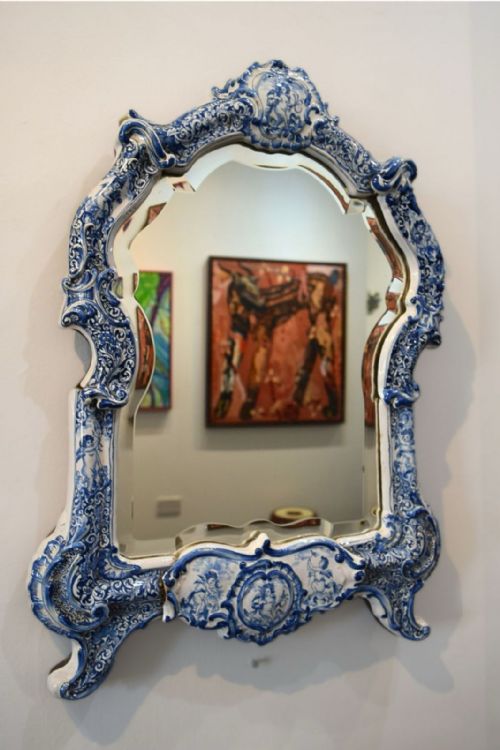 A RARE AND MAGNIFICENT 19TH C DUTCH DELFT DRESSING TABLE MIRROR ON A WOODEN BACKING - ADDITIONAL PHOTO 10