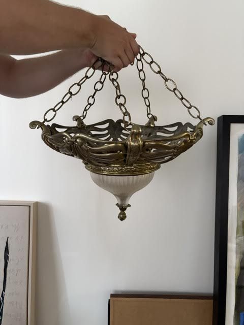 AN EXCEPTIONAL PAIR OF BRASS AND GLASS HANGING LIGHTS CIRCA 18901900