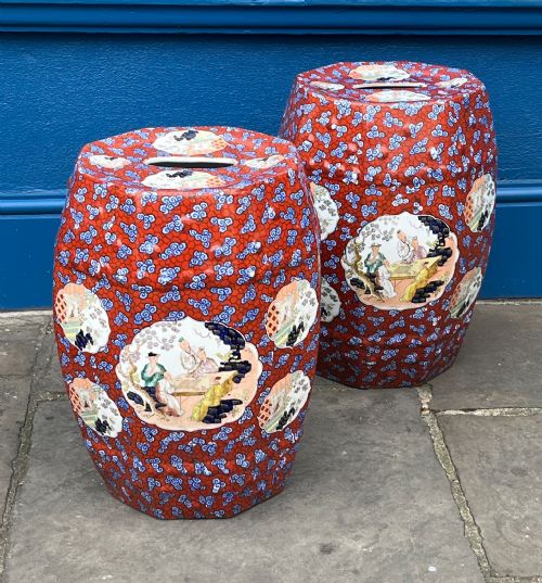 Pair of Incredibly Rare Clobbered Ironstone Garden Seats, Circa 1820