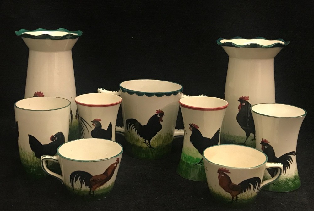 Collection of Wemyss Cups and Vases in Cockerel and Hen Pattern 1880-1900 