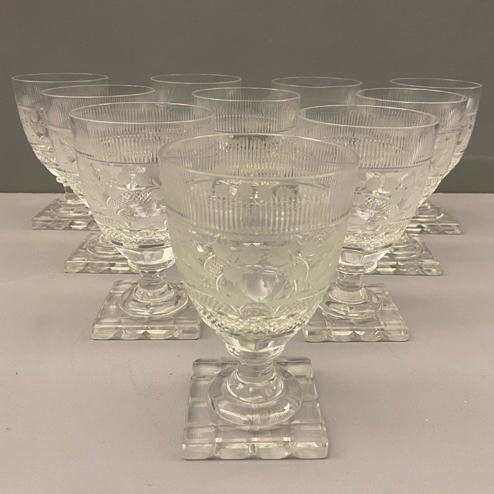 Victorian Engraved and Cut Red Wine Glasses (Set of 10) 1880-1890