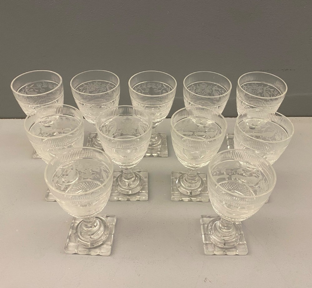 Victorian Engraved and Cut Sherry Glasses (Set of 10) 1880-1890