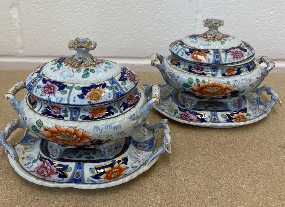 A Pair Of Hicks and Meigh Ironstone  sauce Tureens on stands 2nd pair