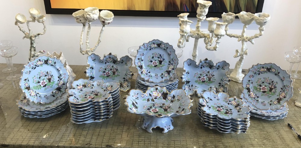 An exceptional Blue Drab and Enamelled Dessert Service Ridgway 1840