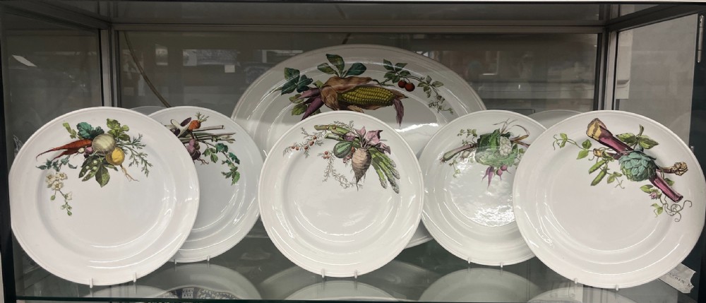 A beautiful 1870’s Minton Creamware body of platter and plates with vegetables patterns