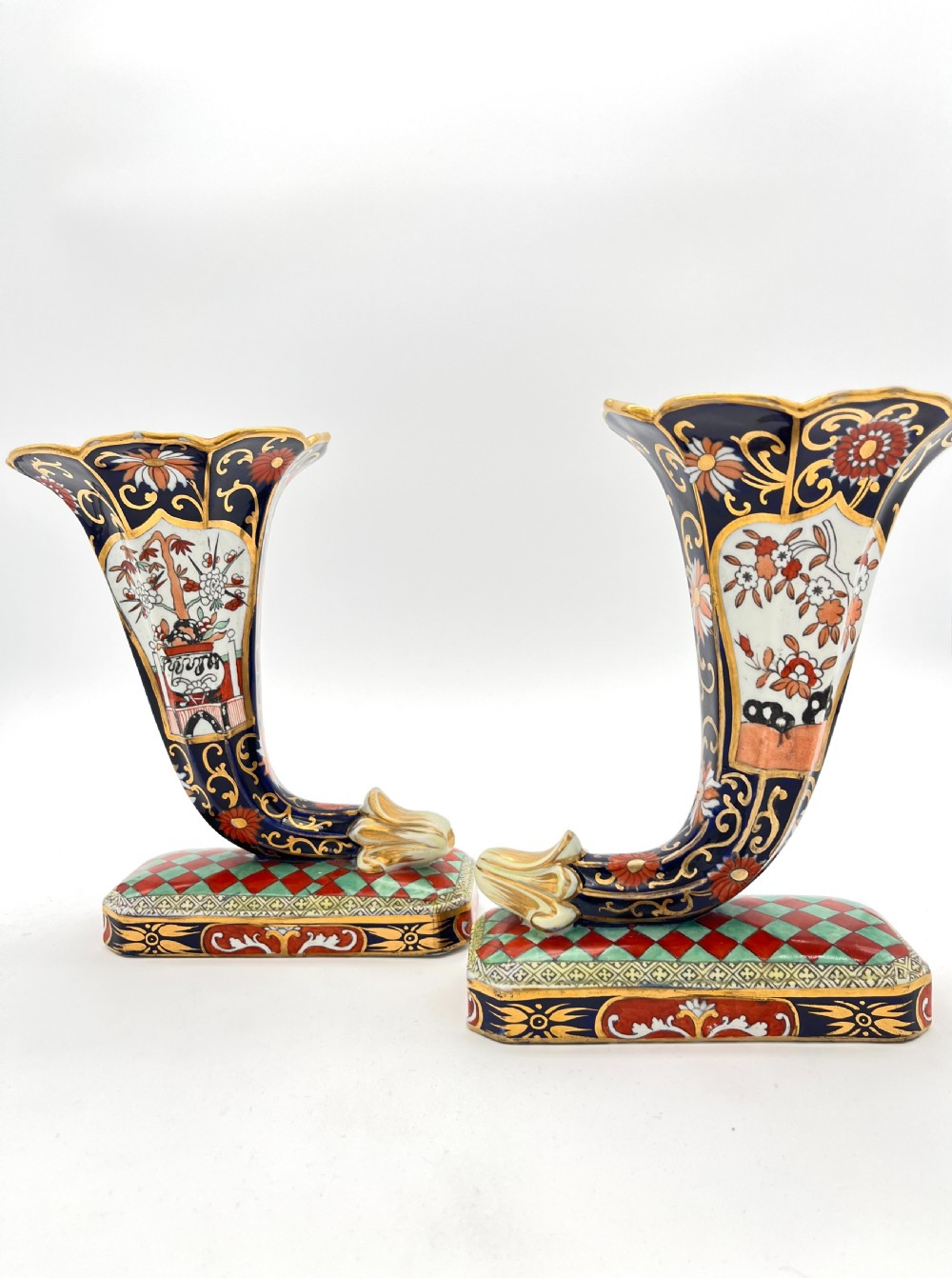 An extremely rare Pr of Mason’s Ironstone Hand-Painted Cornucopia in Split Basket Pattern. 1820