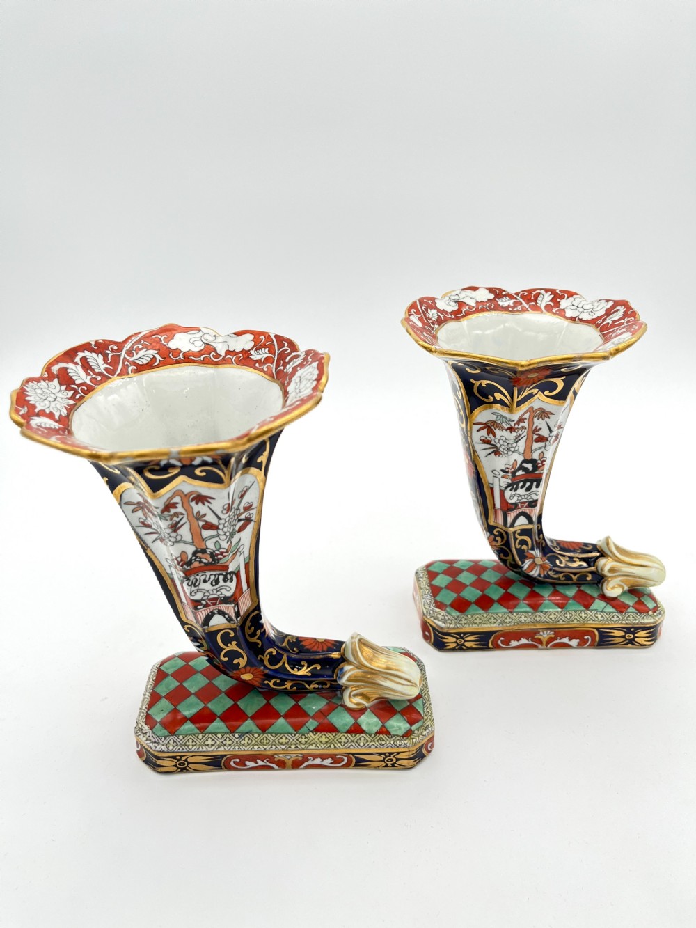 An extremely rare Pr of Mason’s Ironstone Hand-Painted Cornucopia in Split Basket Pattern. 1820 View VIII