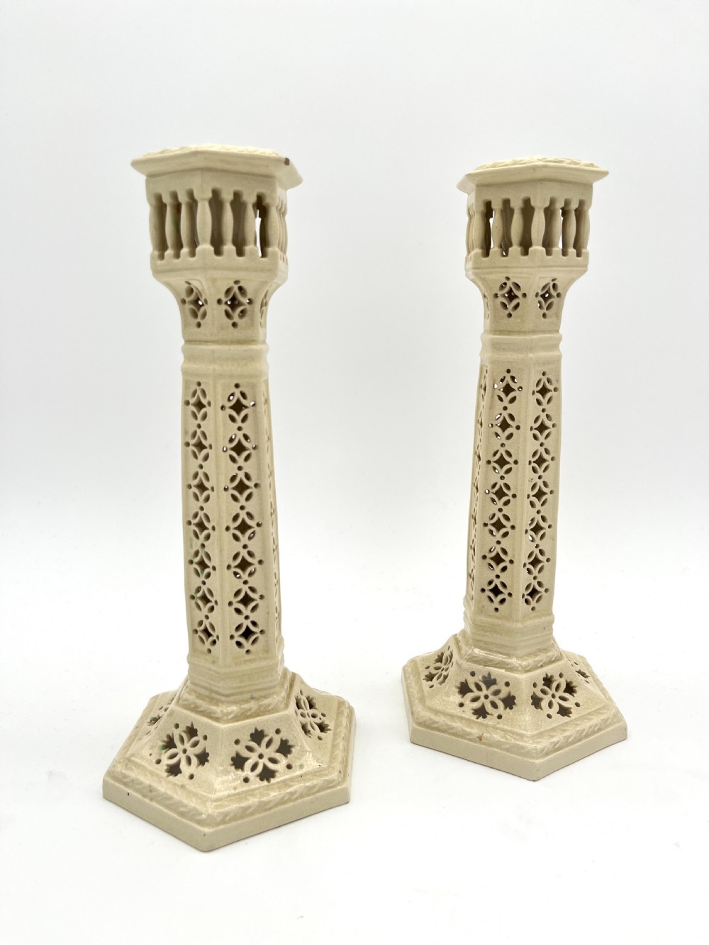Pr of Staffordshire Creamware Candlesticks. Late Victorian