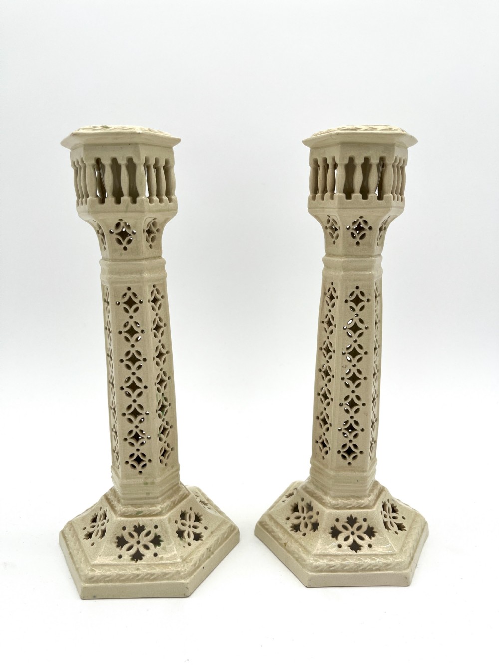 Pr of Staffordshire Creamware Candlesticks. Late Victorian View II