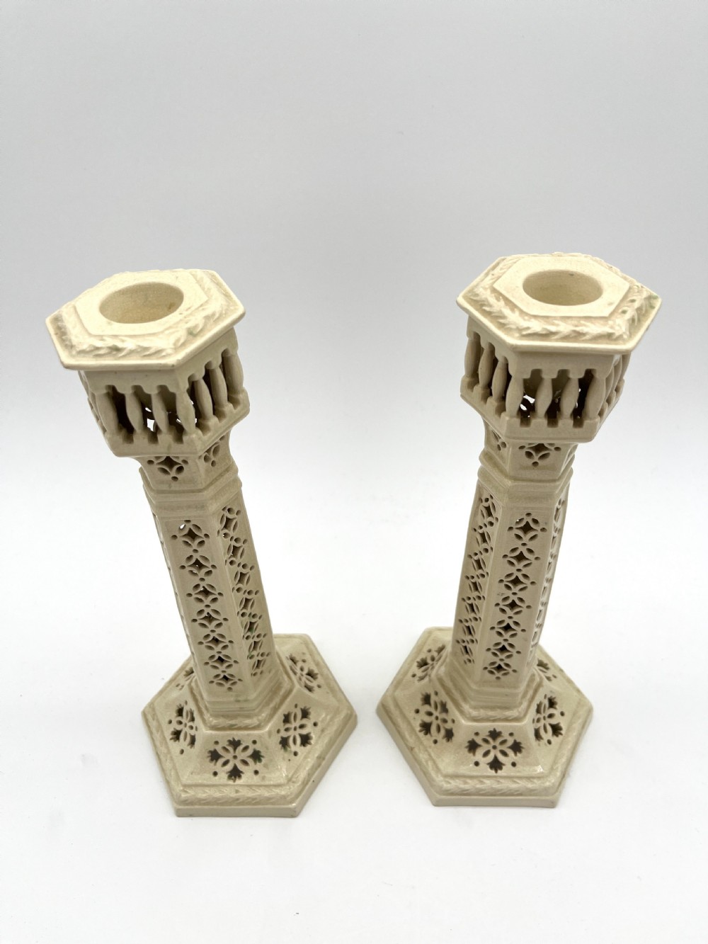 Pr of Staffordshire Creamware Candlesticks. Late Victorian View III