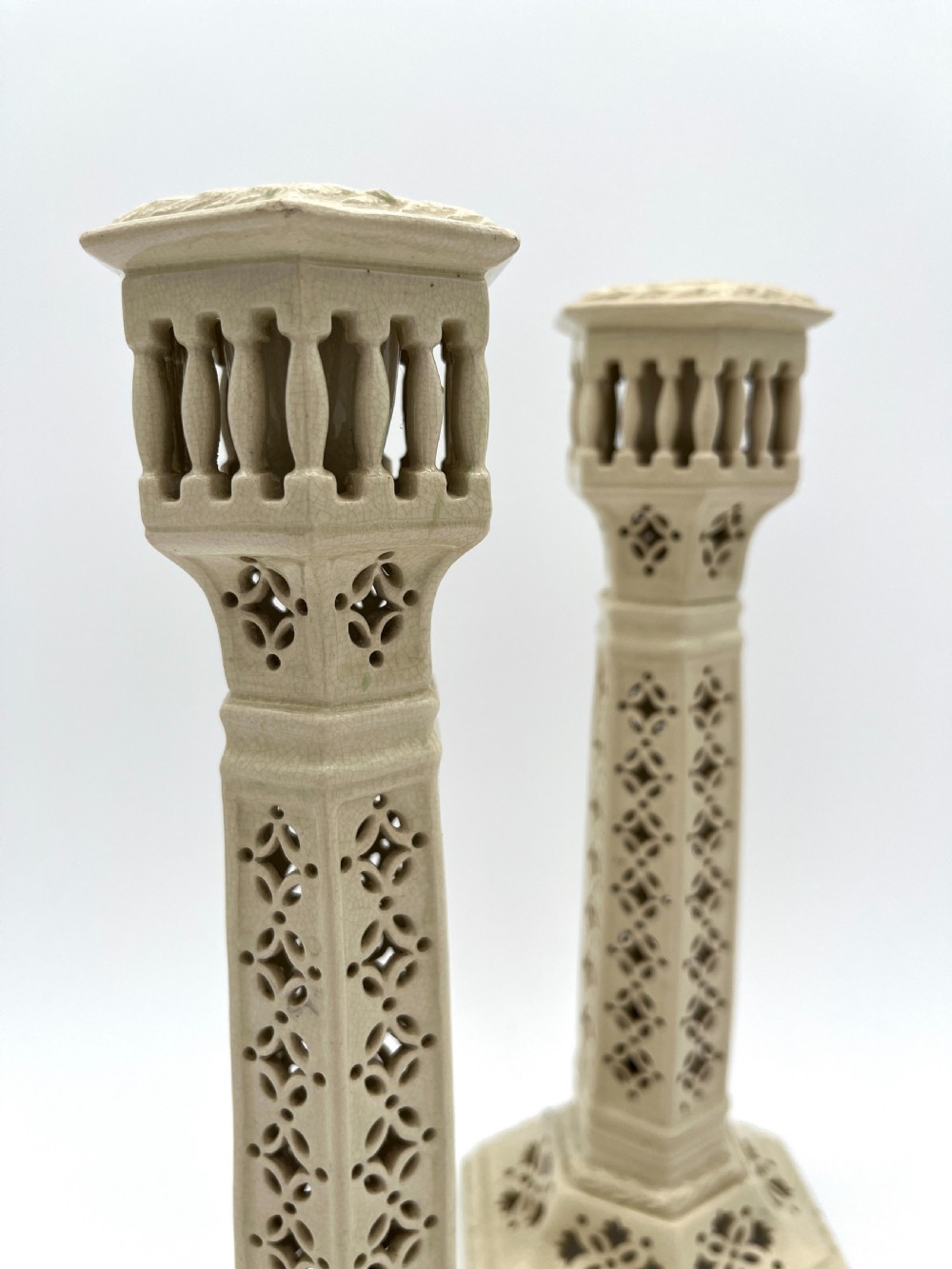 Pr of Staffordshire Creamware Candlesticks. Late Victorian View IV