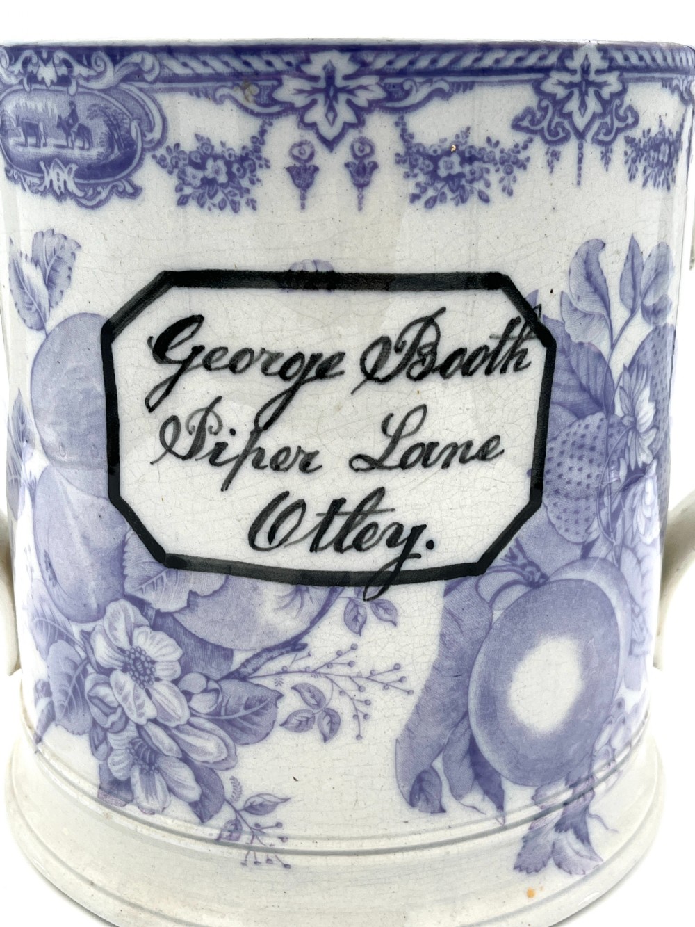 Rare Large Mulberry Loving Mug full of frogs and newts. 1845 View II