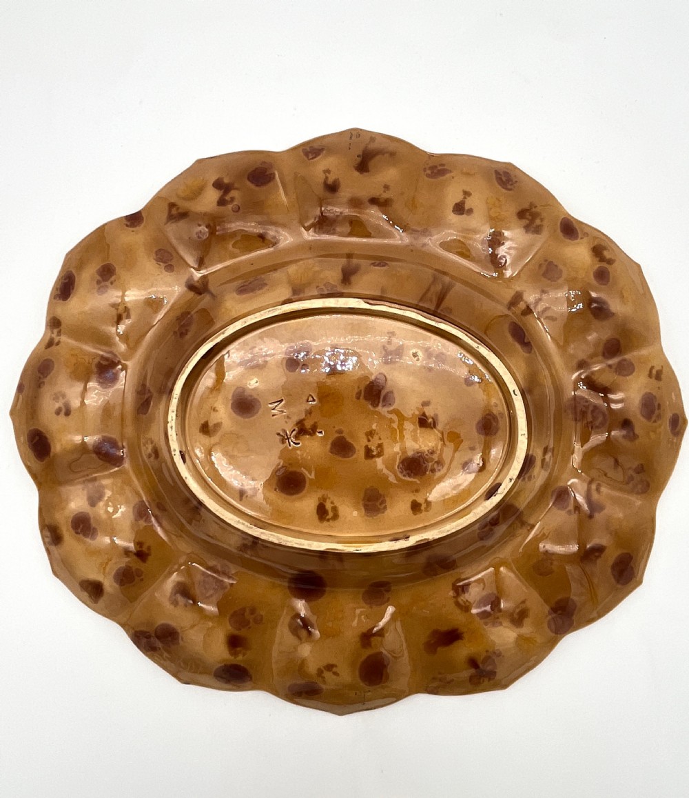 A Victorian Minton majolica ceramic tureen shaped as a crab with a green frog handle, resting on a blue and brown segmented platter. View VI