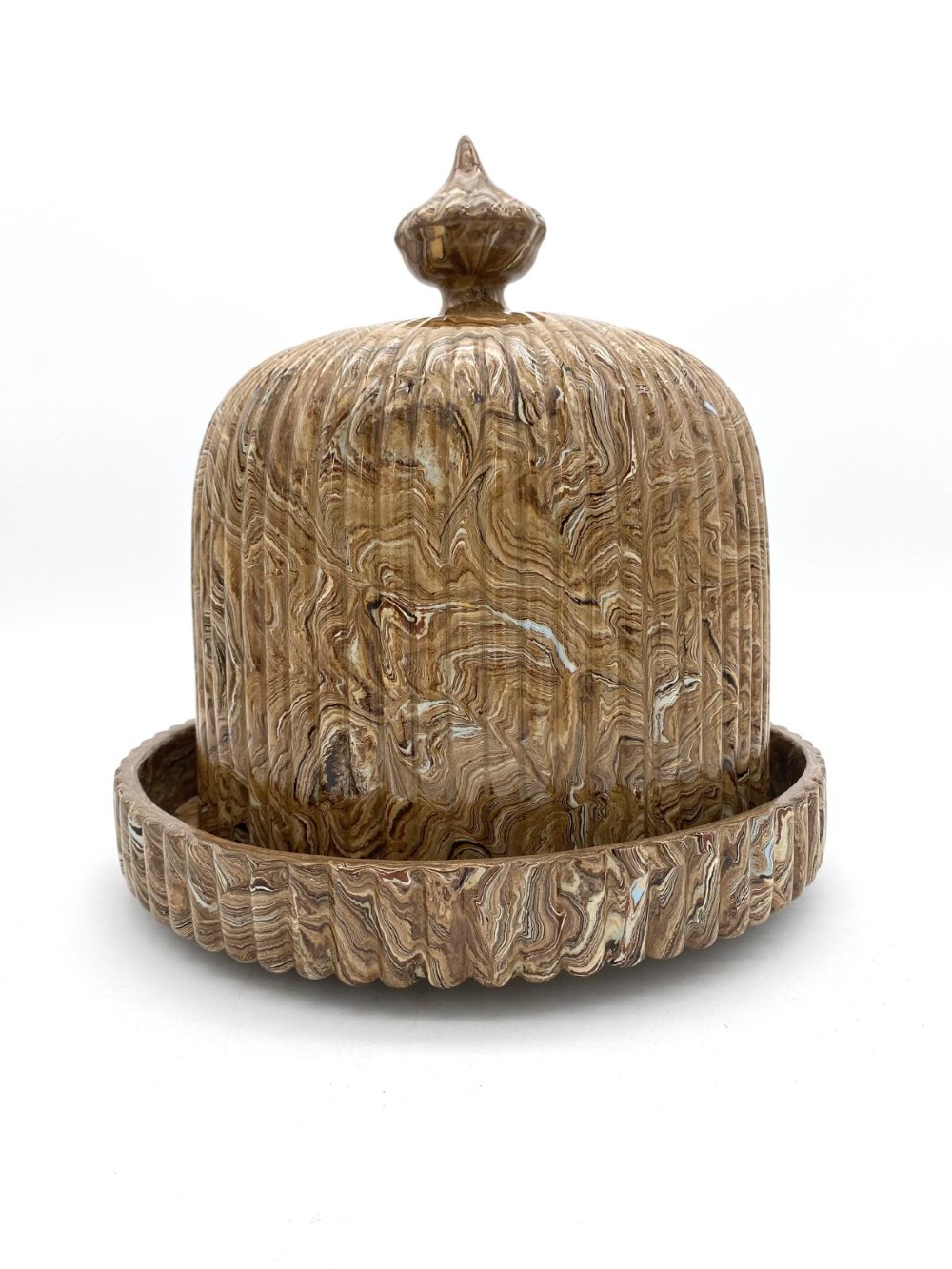 An early Victorian Staffordshire agateware cheese dome and matching base dish featuring a marbled brown swirled glaze with vertical fluting and a pointed finial.