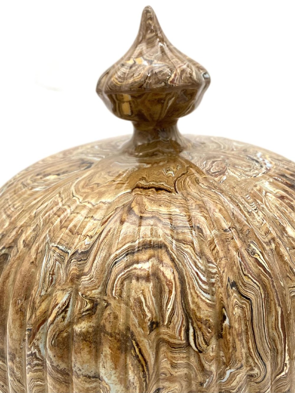 An early Victorian Staffordshire agateware cheese dome and matching base dish featuring a marbled brown swirled glaze with vertical fluting and a pointed finial. View III