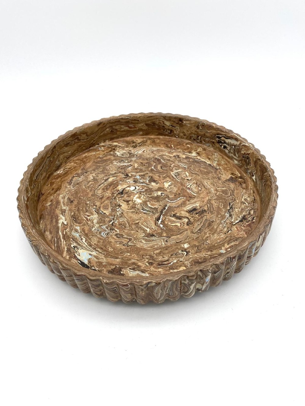 An early Victorian Staffordshire agateware cheese dome and matching base dish featuring a marbled brown swirled glaze with vertical fluting and a pointed finial. View V