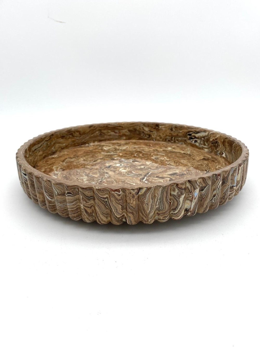 An early Victorian Staffordshire agateware cheese dome and matching base dish featuring a marbled brown swirled glaze with vertical fluting and a pointed finial. View VI