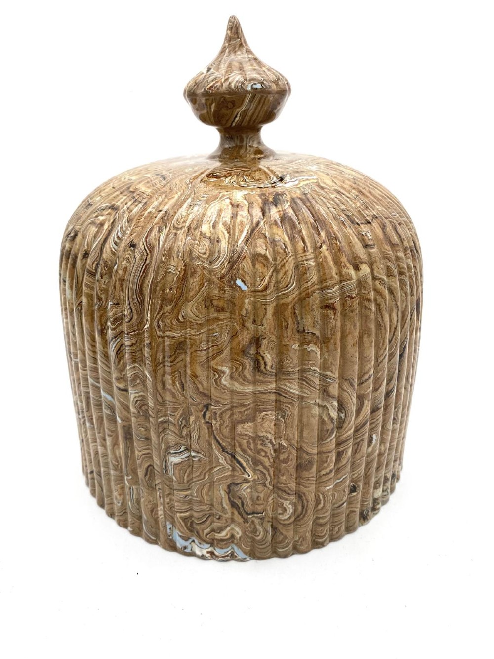 An early Victorian Staffordshire agateware cheese dome and matching base dish featuring a marbled brown swirled glaze with vertical fluting and a pointed finial. View VII