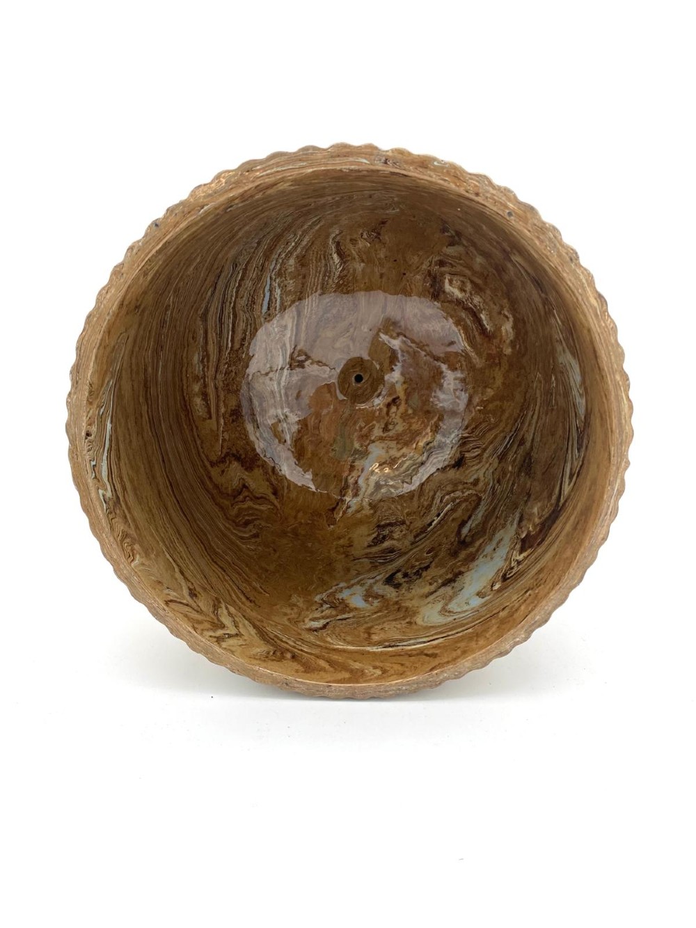 An early Victorian Staffordshire agateware cheese dome and matching base dish featuring a marbled brown swirled glaze with vertical fluting and a pointed finial. View IX