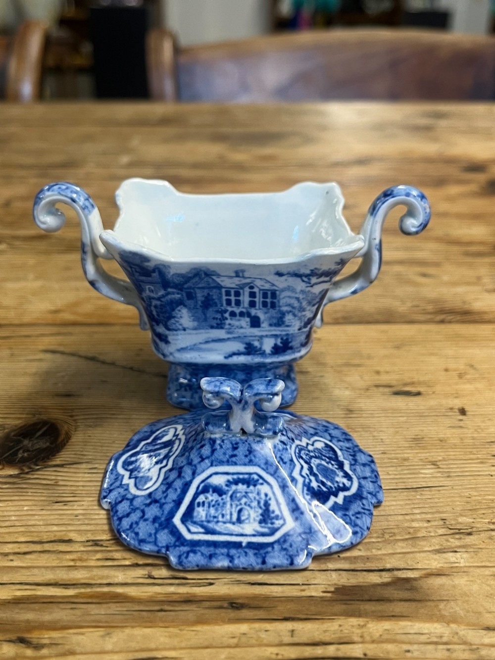 A nineteenth-century blue and white English transferware custard set featuring lidded pots arranged on a matching shaped tray. View XII