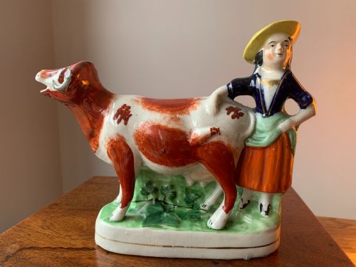 antique staffordshire pottery cow and milkmaid figure creamer jug 19th century - CATEGORY: ANTIQUE JUGS - DATED 19TH CENTURY
