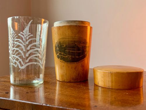 Victorian Mauchline Ware Case  and Drinking Glass - Blackpool Winter Gardens