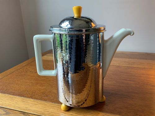 SUPERB WMF THREE PIECE COFFEE SET IN CREAM CERAMIC HAMMERED METAL - ADDITIONAL PHOTO 3