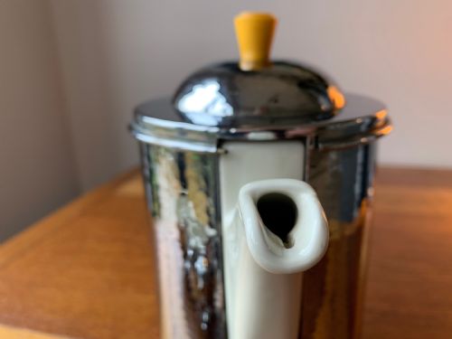 SUPERB WMF THREE PIECE COFFEE SET IN CREAM CERAMIC HAMMERED METAL - ADDITIONAL PHOTO 5