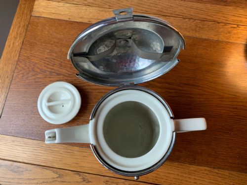 SUPERB WMF THREE PIECE COFFEE SET IN CREAM CERAMIC HAMMERED METAL - ADDITIONAL PHOTO 14