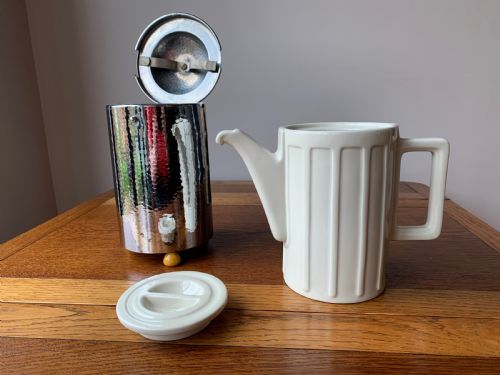 SUPERB WMF THREE PIECE COFFEE SET IN CREAM CERAMIC HAMMERED METAL - ADDITIONAL PHOTO 15