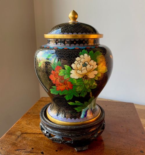 Chinese Cloisonne Lidded Vase on Carved Wooden Lacquered Stand.