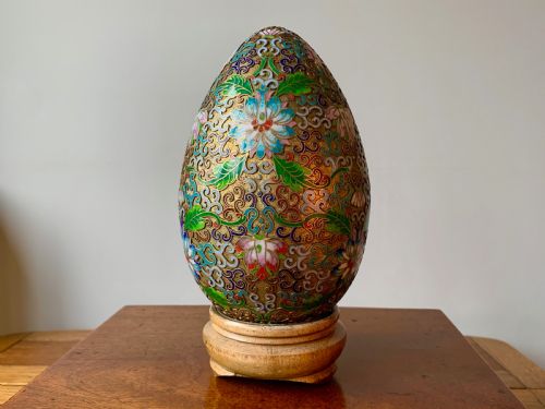 Large Chinese Cloisonne Egg on Bespoke Carved Wooden Stand