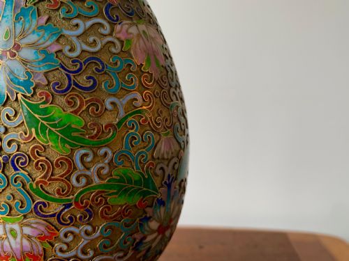 fig 1. LARGE CHINESE CLOISONNE EGG ON BESPOKE CARVED WOODEN STAND