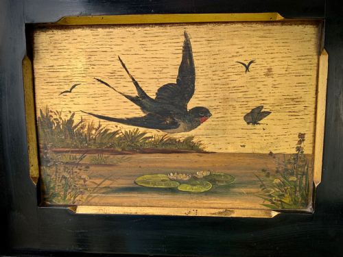 AESTHETIC MOVEMENT EBONISED WALL CABINET WITH GILDED PANELS PAINTED WITH BIRDS - ADDITIONAL PHOTO 4
