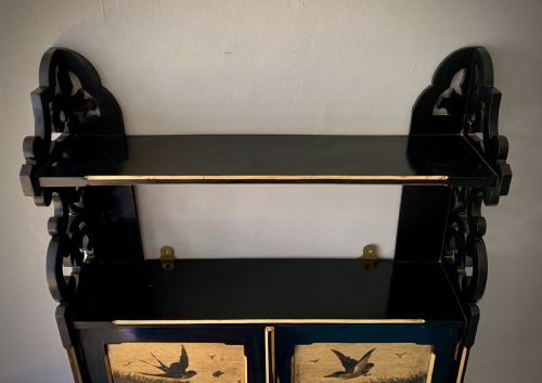 AESTHETIC MOVEMENT EBONISED WALL CABINET WITH GILDED PANELS PAINTED WITH BIRDS - ADDITIONAL PHOTO 6