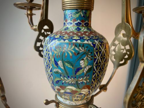 AESTHETIC MOVEMENT CHANDELIER LAMP WITH CLOISONNE VASE SUNFLOWERS 19TH CENTUEY - ADDITIONAL PHOTO 6