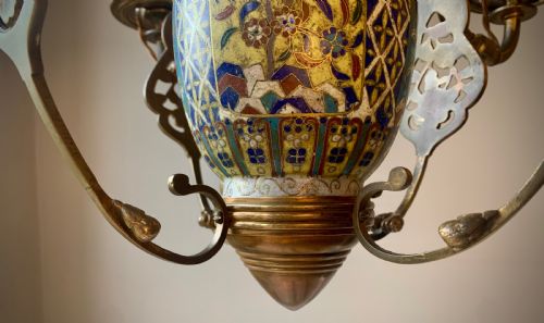 AESTHETIC MOVEMENT CHANDELIER LAMP WITH CLOISONNE VASE SUNFLOWERS 19TH CENTUEY - ADDITIONAL PHOTO 7