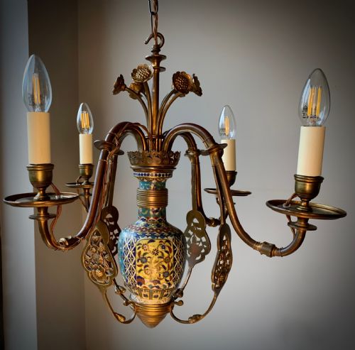 AESTHETIC MOVEMENT CHANDELIER LAMP WITH CLOISONNE VASE SUNFLOWERS 19TH CENTUEY - ADDITIONAL PHOTO 8
