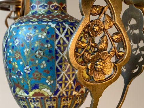 AESTHETIC MOVEMENT CHANDELIER LAMP WITH CLOISONNE VASE SUNFLOWERS 19TH CENTUEY - ADDITIONAL PHOTO 9