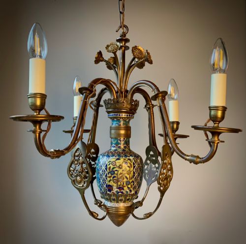 AESTHETIC MOVEMENT CHANDELIER LAMP WITH CLOISONNE VASE SUNFLOWERS 19TH CENTUEY - ADDITIONAL PHOTO 12
